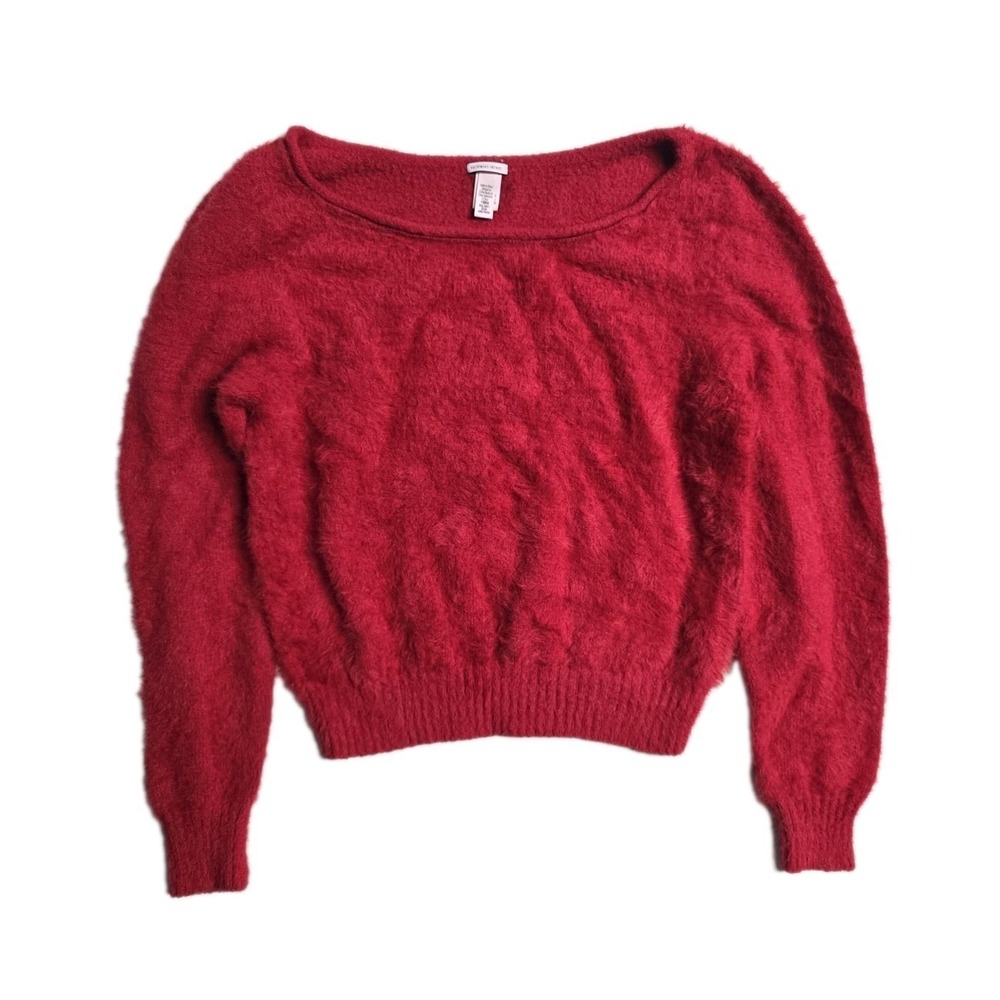 Victoria Secret Sweater Womens XS Red Fuzzy Cropped Round Neck Christmas‎ Preppy